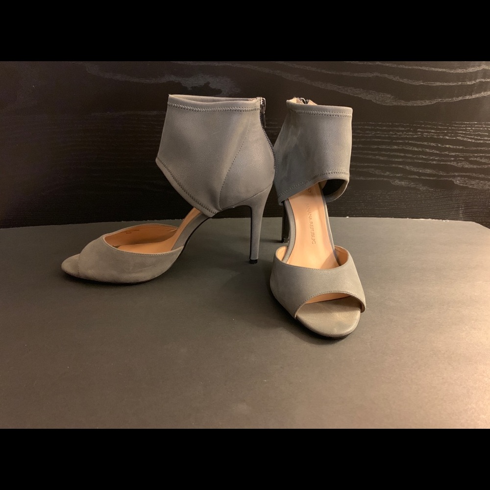 Grey open toe heels